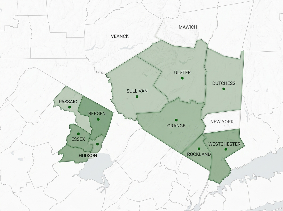Metro NY Insulation service area map covering Bergen, Essex, Passaic, and Hudson counties in New Jersey and Westchester, Rockland, Orange, Ulster, Dutchess, and Sullivan counties in New York