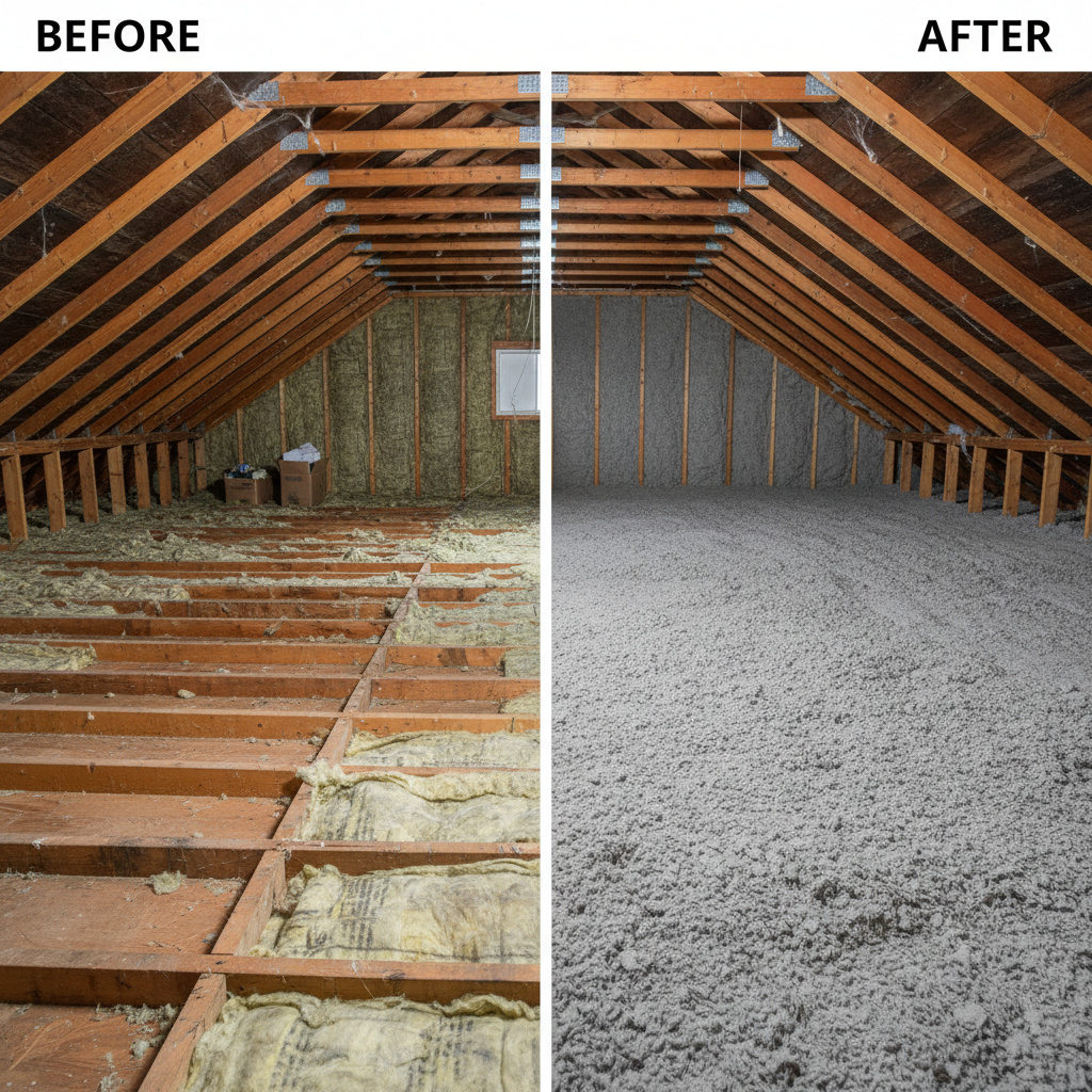 How to Check Your Attic Insulation 7 Before and after attic insulation upgrade showing improved coverage