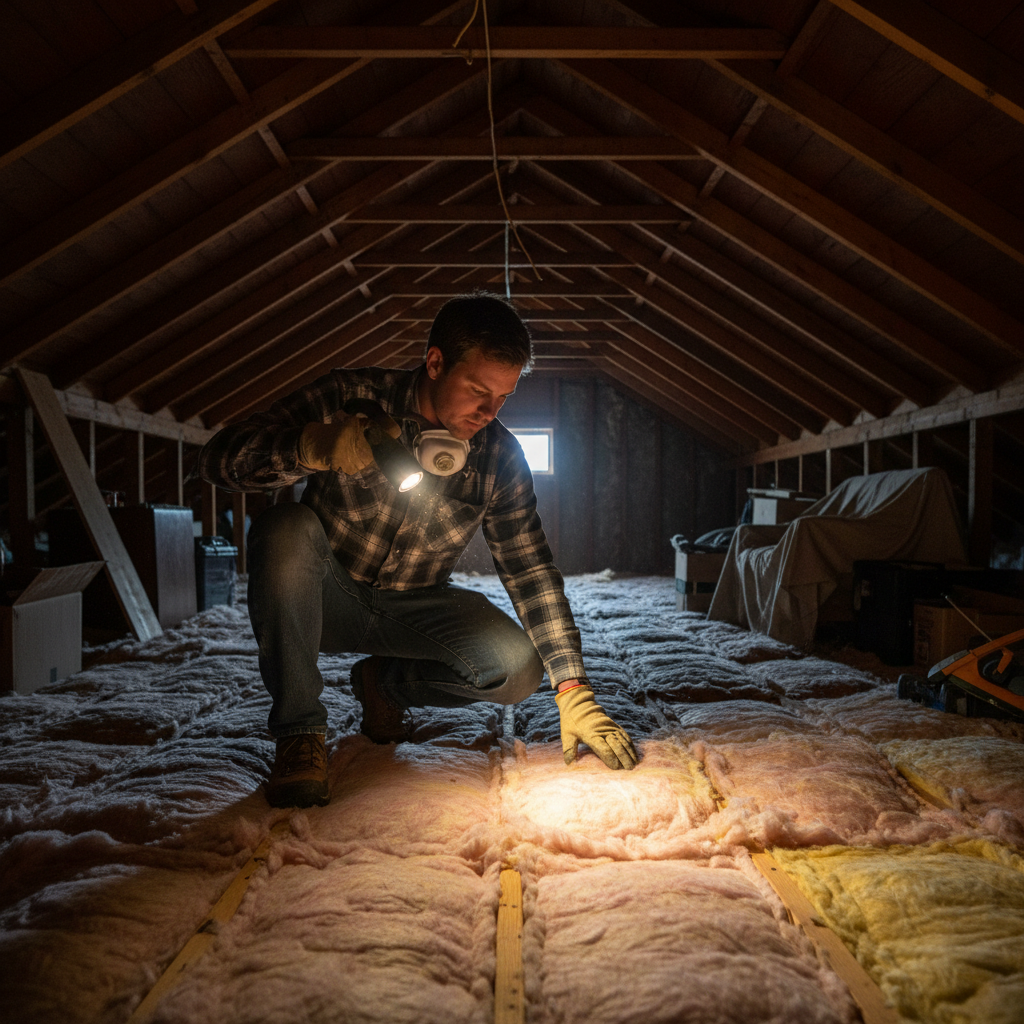 How to Check Your Attic Insulation 3 Homeowner inspecting attic insulation in New Jersey home