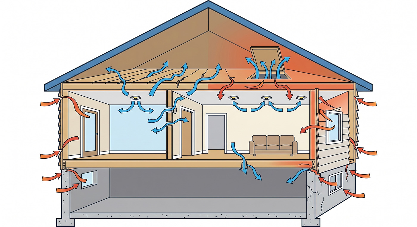 Infographic showing where heat enters a home in summer â attic bypasses, wall cavities, recessed lights, and rim joists