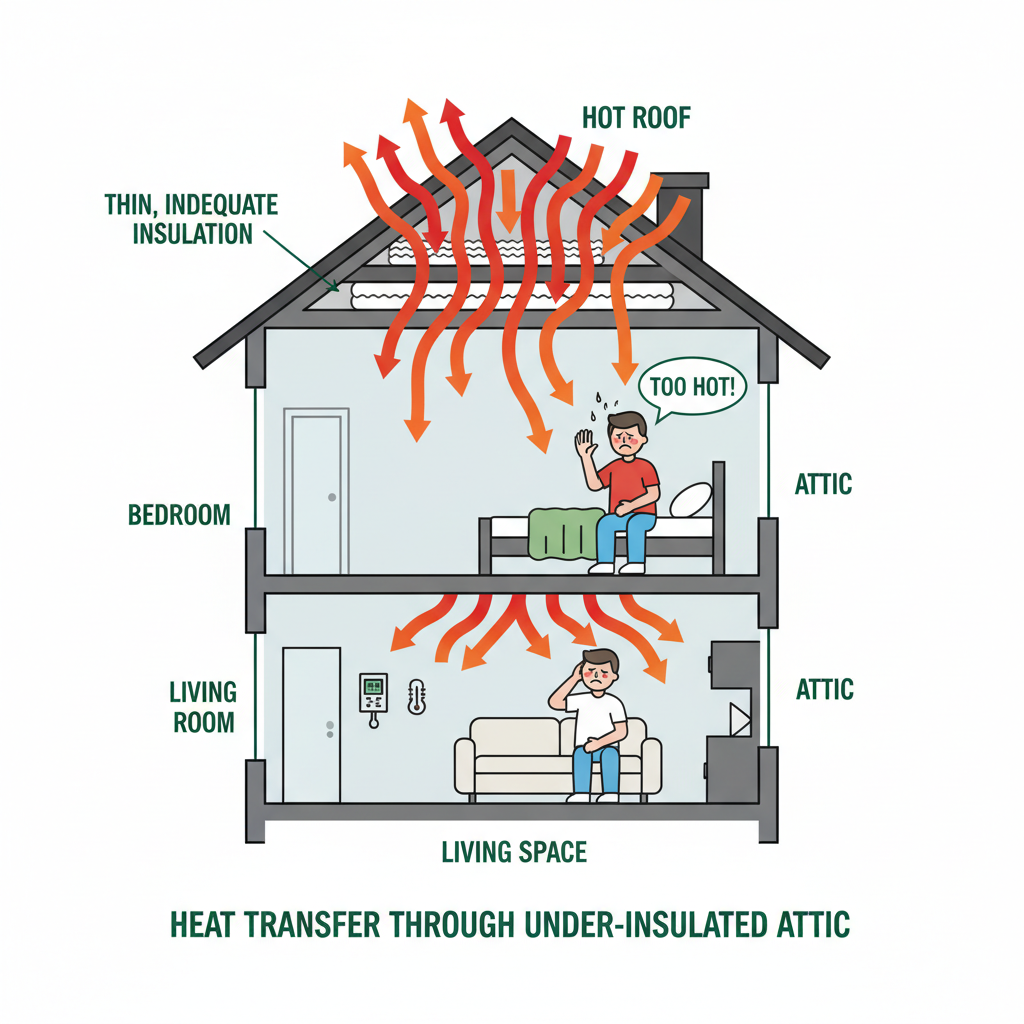 How to Check Your Attic Insulation 4 Diagram showing heat transfer through under-insulated attic into living space