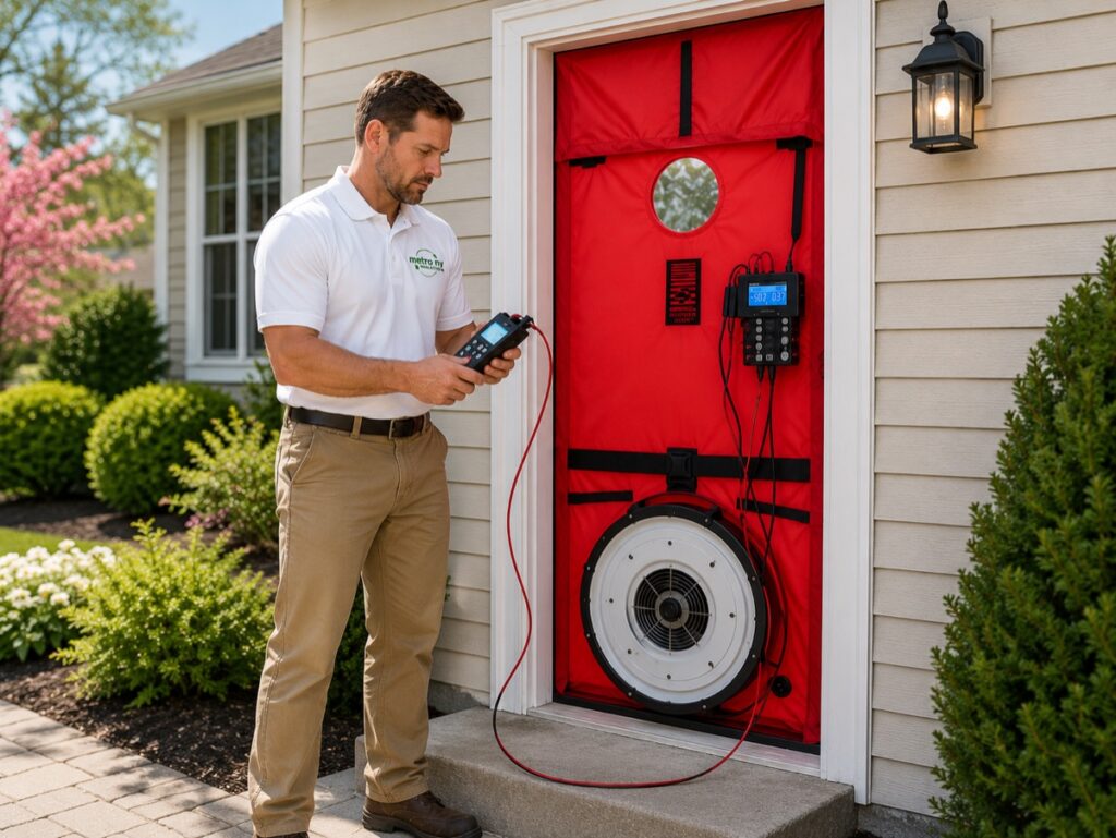 Metro NY Insulation technician performing a blower door test during a home energy assessment
