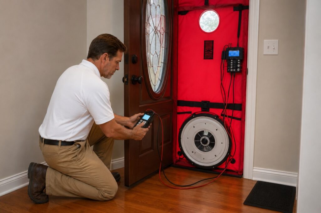 Blower door test fan set up in the doorway of a Westchester County home