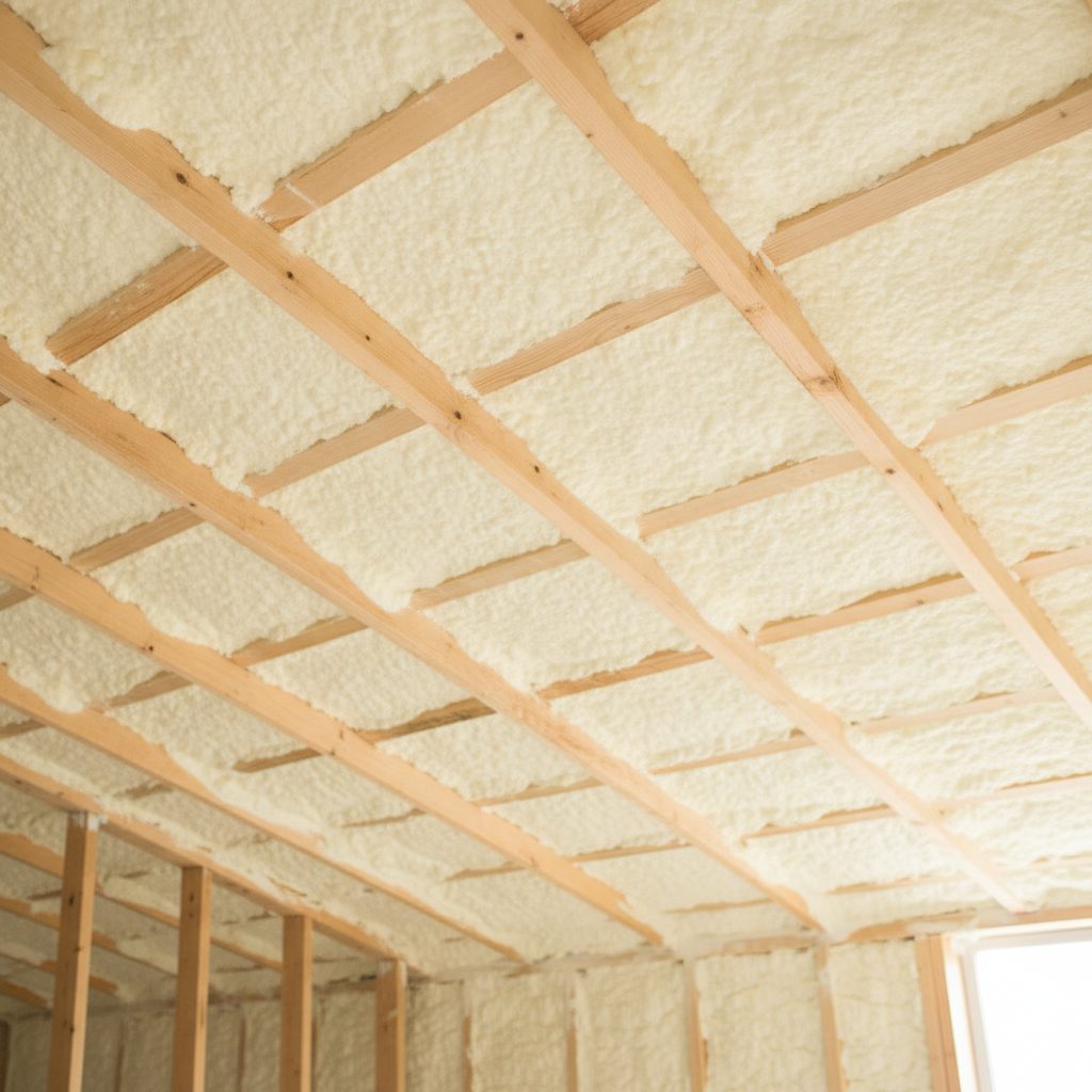 Which Insulation Keeps Your Home Cooler in Summer: Spray Foam or Cellulose? 3 Closed-cell spray foam insulation sealing an attic roof deck between the rafters